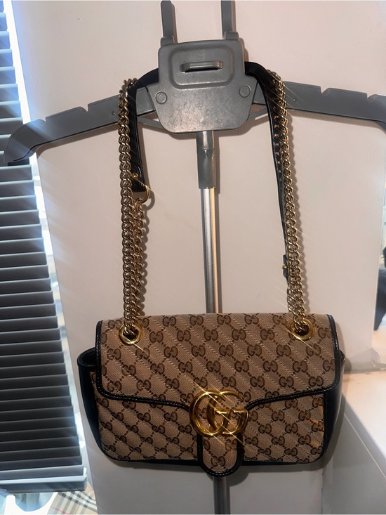 Gucci Handbags - Gucci Brown Beige GG Canvas Shoulder Bag with Gold Chain
